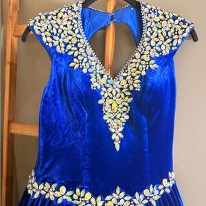Unique Fashion Royal Blue Velvet Pageant Dress with Crystal Embellishment